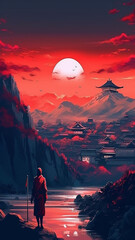 Wall Mural - samurai print poster red painting