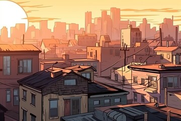 Wall Mural - cityscape with a bright sun setting in the background. Generative AI