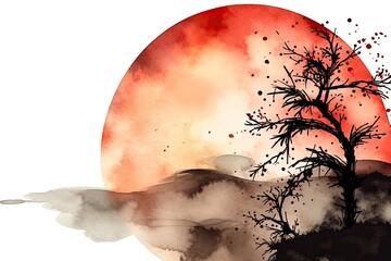 Wall Mural - vibrant red sun setting behind a lone tree depicted in watercolor. Generative AI