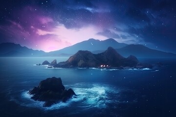 Wall Mural - serene night landscape with a majestic mountain and still water. Generative AI