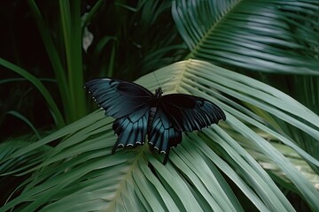 Wall Mural - blue butterfly perched on a vibrant green leaf. Generative AI