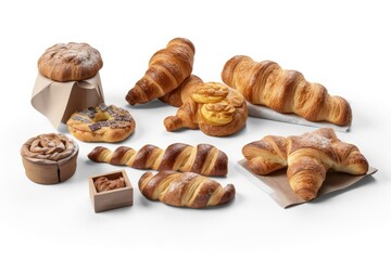 Canvas Print - various fresh bread and pastry products on a clean white background. Generative AI