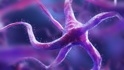 Poster - Close up of a human nerve cell on a blurred purple background. Scientific visualization. 3d rendering
