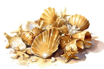 Poster - heap of seashells arranged on a plain white background. Generative AI