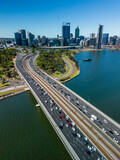 Fototapeta  - Vertical aerial shot of highway connecting to Perth CBD in Australia