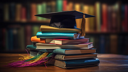 graduation cap, hat with degree paper on wood table graduation concept