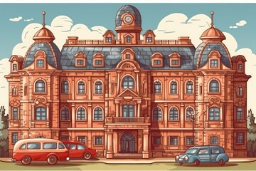 Wall Mural - modern office building with parked cars in front. Generative AI