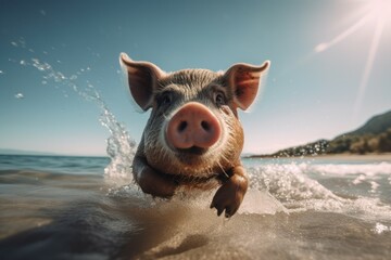 anthropomorphic hipster pig on the sea beach. ai generated, human enhanced