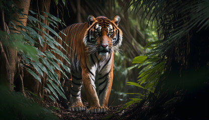 Sumatran tiger looking at the camera,tiger walking in tropical forest conservation .generative ai