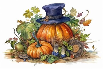 Poster - still life watercolor painting featuring a blue hat and pumpkins. Generative AI