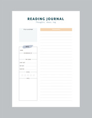  Bookshelf and reading journal planner. Business organizer page. Paper sheet. Realistic vector illustration.