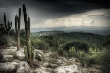 Poster - scenic desert landscape with a towering cactus and majestic mountains in the distance. Generative AI