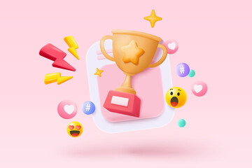 3d winners prize with golden cup, gold winners stars for rewards ceremony. Award ceremony first and second and third concept on podium. 3d trophy icon vector render isolated on pastel background