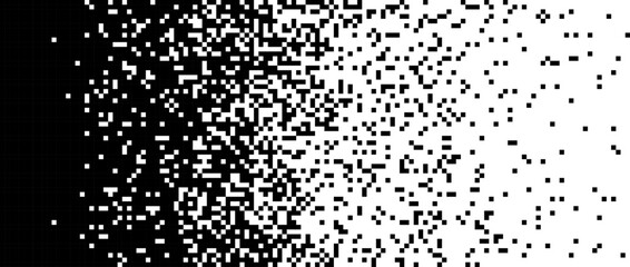 Poster - Pixelated halftone gradient background. Fading pixel texture. Dissolving black and white wallpaper. Vector backdrop 