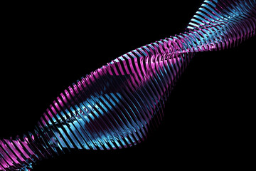 Fototapete - 3d illustration of a stereo strip of different colors. Geometric stripes similar to waves. Simplified pink and blue  dna line on  black isolated background