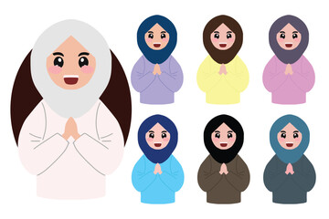 Wall Mural - Set of islamic kids various gesture emoticon face.muslim kids character illustration. eid fitr cartoon