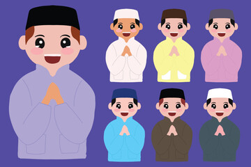 Wall Mural - Set of islamic kids various gesture emoticon face.muslim kids character illustration. eid fitr cartoon