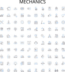  Mechanics outline icons collection. Mechanics, Repair, Motor, Automotive, Engineering, Torque, Friction vector illustration set. Restitution, Dynamics, Force linear signs