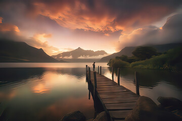 Wall Mural - a person standing alone at the end of a pier on a lake