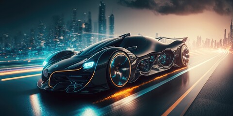 Poster - Futuristic electric car, super car driving on city highway road with motion blur. distinct generative AI image.