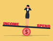 Business Deficit concept. Stressful business woman standing on the unbalanced seesaw between income and spending