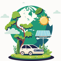 Poster - Ecosystem or Earth Day Concept With Electric Car, Solar Panel Stand, Street Lamps, Sun, Earth Globe On Nature Background.