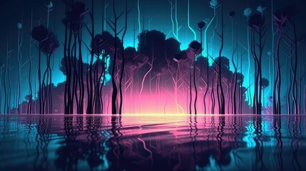 neon 3d abstract landscape virtual reality metaverse world, background with glowing geometric shapes and seascape, terrain, neon water, heavy glow,  panoramic view, futuristic world, colorful glow