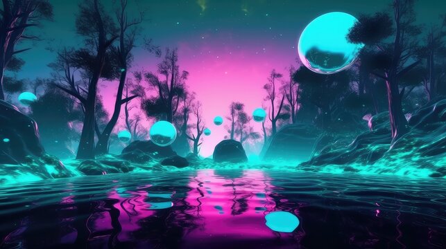 neon 3d abstract landscape virtual reality metaverse world, background with glowing geometric shapes and seascape, terrain, neon water, heavy glow, panoramic view, futuristic world, colorful glow
