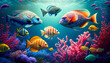 group of colorful fish and sea animals with colorful coral underwater in ocean, Generative AI