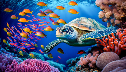 turtle with group of colorful fish and sea animals with colorful coral underwater in ocean, Generative AI