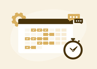  - Project management with computer window app displaying essential assets - planning software calendar with areas of work distributed by day, clock and discussion icons. Streamline workflow for success