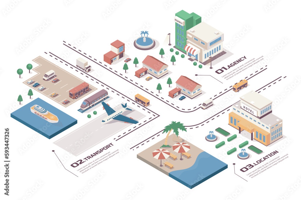 Travel agency concept 3d isometric web infographic workflow process ...