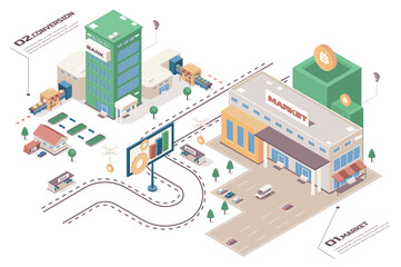 Fototapete - Crypto market concept 3d isometric web infographic workflow process. Infrastructure map with market building, conversion transactions, currency trade. Vector illustration in isometry graphic design