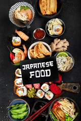 Wall Mural - Traditional Japanese food dishes on black background, top view