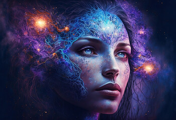 Wall Mural - Third eye chakra interconnected to the spiritual universe, source of love full of energy and gratitude. Concept of meditation and gratitude. Generative AI