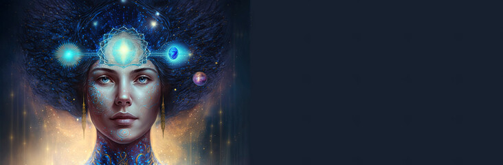 Wall Mural - Third eye chakra interconnected to the spiritual universe, source of love full of energy and gratitude. Concept of meditation and gratitude. Generative AI