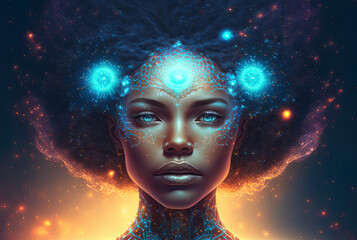 Wall Mural - Third eye chakra interconnected to the spiritual universe, source of love full of energy and gratitude. Concept of meditation and gratitude. Generative AI
