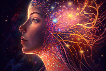 Wall Mural - Third eye chakra interconnected to the spiritual universe, source of love full of energy and gratitude. Concept of meditation and gratitude. Generative AI