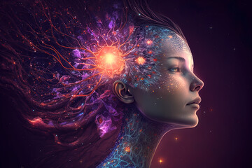 Wall Mural - Third eye chakra interconnected to the spiritual universe, source of love full of energy and gratitude. Concept of meditation and gratitude. Generative AI