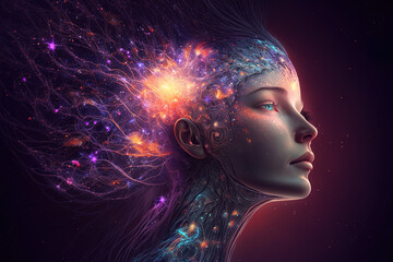 Wall Mural - Third eye chakra interconnected to the spiritual universe, source of love full of energy and gratitude. Concept of meditation and gratitude. Generative AI