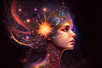 Wall Mural - Third eye chakra interconnected to the spiritual universe, source of love full of energy and gratitude. Concept of meditation and gratitude. Generative AI