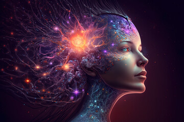Wall Mural - Third eye chakra interconnected to the spiritual universe, source of love full of energy and gratitude. Concept of meditation and gratitude. Generative AI