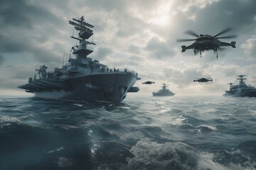 Naval ship swarmed by drones, illustration. Generative AI