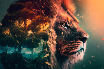 Wall Mural - portrait of a lion double exposed with Jungle