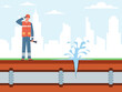 City water pipe bursts, jet of water bursts out of ground. Repairer man fixing leaking broken sewer. Plumber repair, damaged plastic pipeline. Cartoon flat illustration. Vector concept