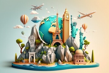 Travel concept background. A holiday event for traveling around the world, 3d render