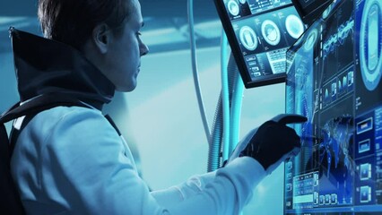 Wall Mural - team of astronauts in a space suits aboard the orbital station. a crew of cosmonauts piloting the sp