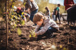 © ShniDesign - Boy planting trees or working on a community garden. Concept of environmental awareness and Sustainability. AI Generated.