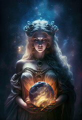 Wall Mural - majestic woman as greek goddess holding planet (generative ai)