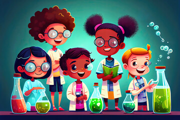 Group of cartoon school children doing science experiments (Generative AI)